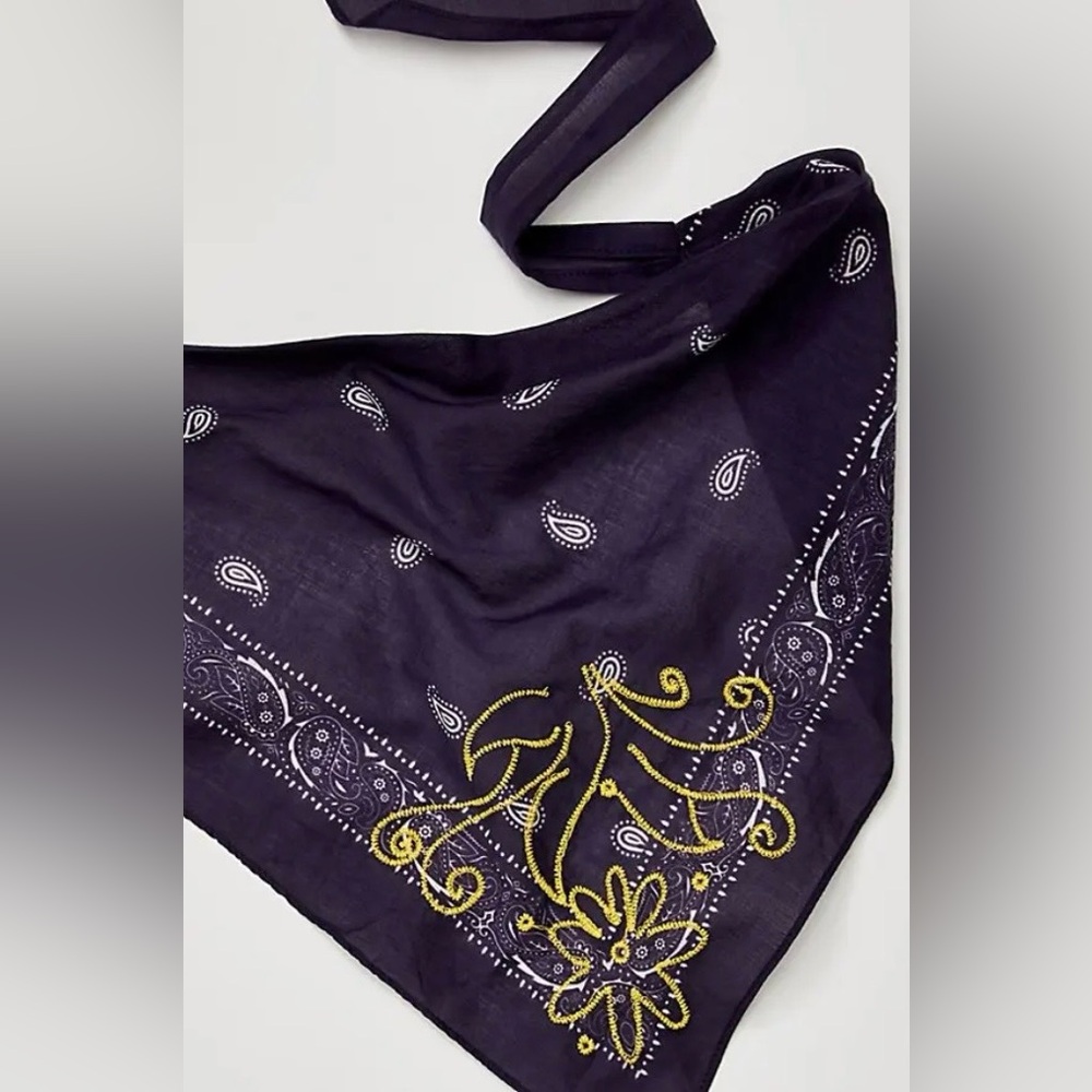 Free People Navy Blue Bandana Scarf with Yellow Embroidery NWOT - Picture 3 of 4